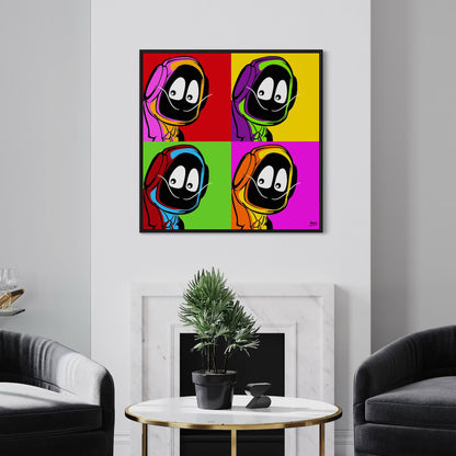 Colorful pop art painting of Hoodie Boy dressed as Salvadore Dali on a wall above a round table with a plant and two chairs.