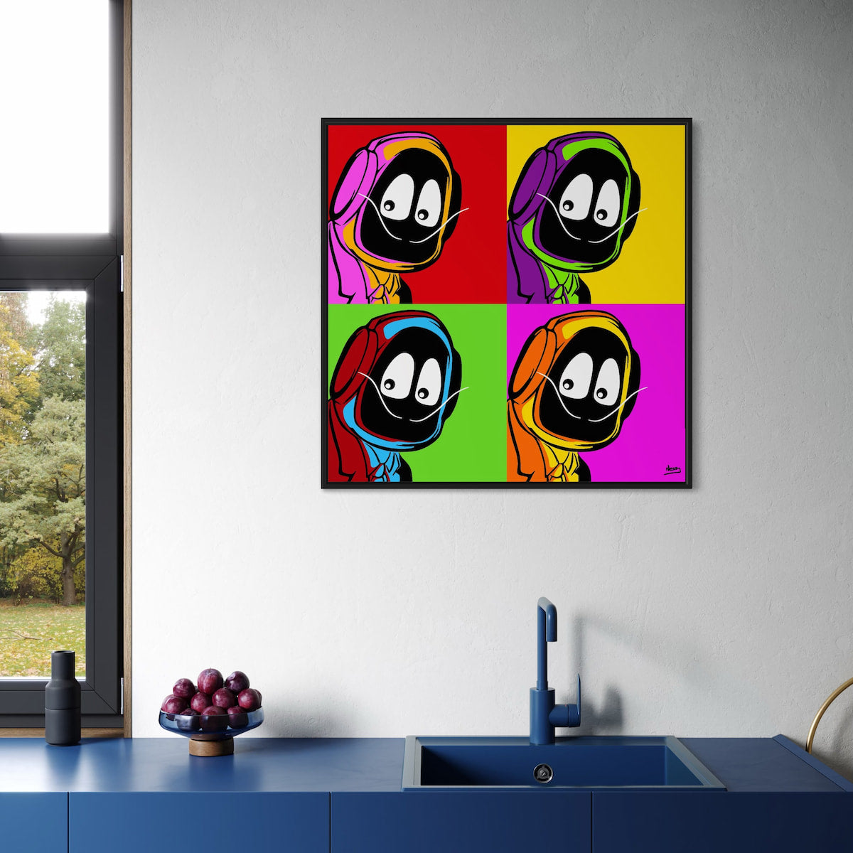Colorful pop art painting of Hoodie Boy dressed as Salvadore Dali on a wall above a kitchen sink.