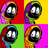 Four colorful cartoon characters of Hoodie Boy dressed as Salvadore Dali on a grid of red, yellow, green, and purple backgrounds.