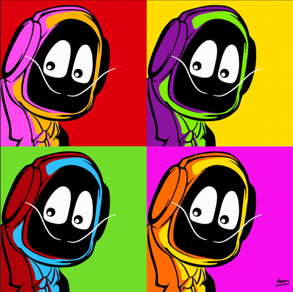 Four colorful cartoon characters of Hoodie Boy dressed as Salvadore Dali on a grid of red, yellow, green, and purple backgrounds.