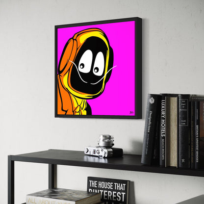 Framed colorful artwork of Hoodie Boy dressed as Salvadore Dali on a wall above a shelf with books and decor.