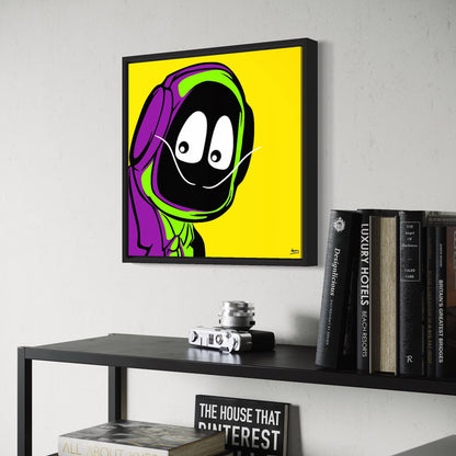Framed colorful artwork of Hoodie Boy dressed as Salvadore Dali on a wall above a shelf with books and decor.