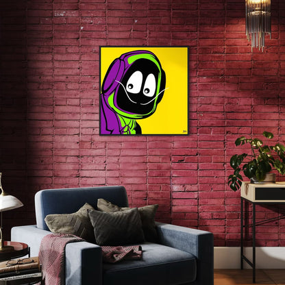 Colorful abstract artwork of Hoodie Boy dressed as Salvadore Dali on a brick wall above a sofa.