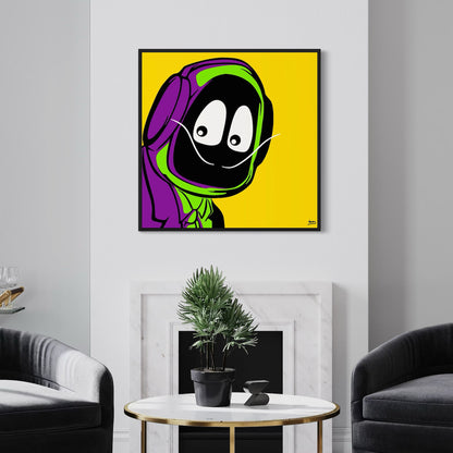 Framed artwork of Hoodie Boy dressed as Salvadore Dali on a yellow background in a living room setting.