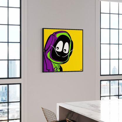 Colorful picture of Hoodie Boy dressed as Salvadore Dali on a wall in a modern room with large windows.