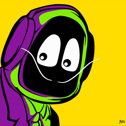 Hoodie Boy dressed as Salvadore Dali on a yellow background