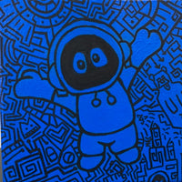 Artwork of Hoodie Boy reaching for a hug with a black and blue geometric background.