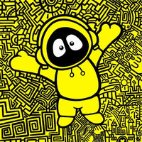 Hoodie Boy on a yellow and black geometric patterned background reaching out for a hug.