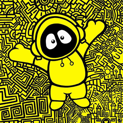 Hoodie Boy on a yellow and black geometric patterned background reaching out for a hug.