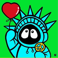 Colorful artwork of Hoodie Boy resembling the Statue of Liberty holding a heart and peace symbol on a green background