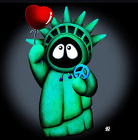 Colorful artwork of Hoodie Boy resembling the Statue of Liberty holding a heart and peace symbol on a dark background