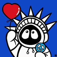 Colorful artwork of Hoodie Boy resembling the Statue of Liberty holding a heart and peace symbol with a blue background.
