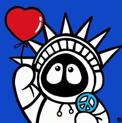 Colorful artwork of Hoodie Boy resembling the Statue of Liberty holding a heart and peace symbol with a blue background.