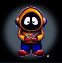 Colorful artwork of Hoodie Boy holding a heart with a black background.