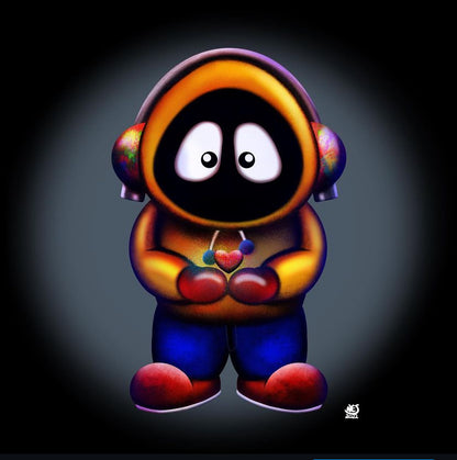 Colorful artwork of Hoodie Boy holding a heart with a black background.