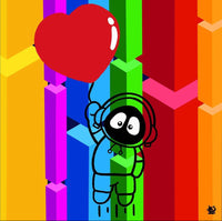 Colorful artwork of Hoodie Boy being lifted by a heart balloon with a rainbow geometric background.