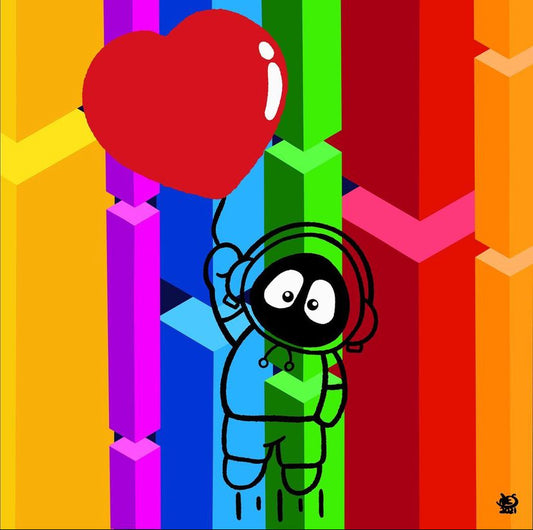Colorful artwork of Hoodie Boy being lifted by a heart balloon with a rainbow geometric background.