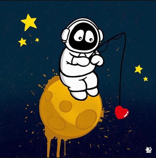 Colorful artwork of Hoodie Boy sitting on the moon fishing pole in hand with a heart at the end of the line.