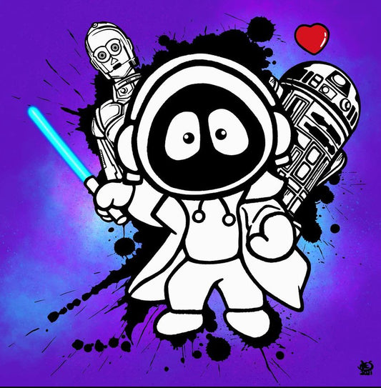 Colorful artwork of Hoodie Boy, lightsaber in hand with C3PO, R2D2, and a heart on a purple background.