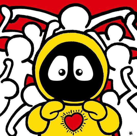 A colorful artwork of Hoodie Boy in yellow and Keith Haring figures in the background.