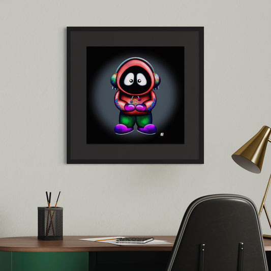 Framed colorful artwork of Hoodie Boy holding a peace symbol with a black background, on a wall above a desk.