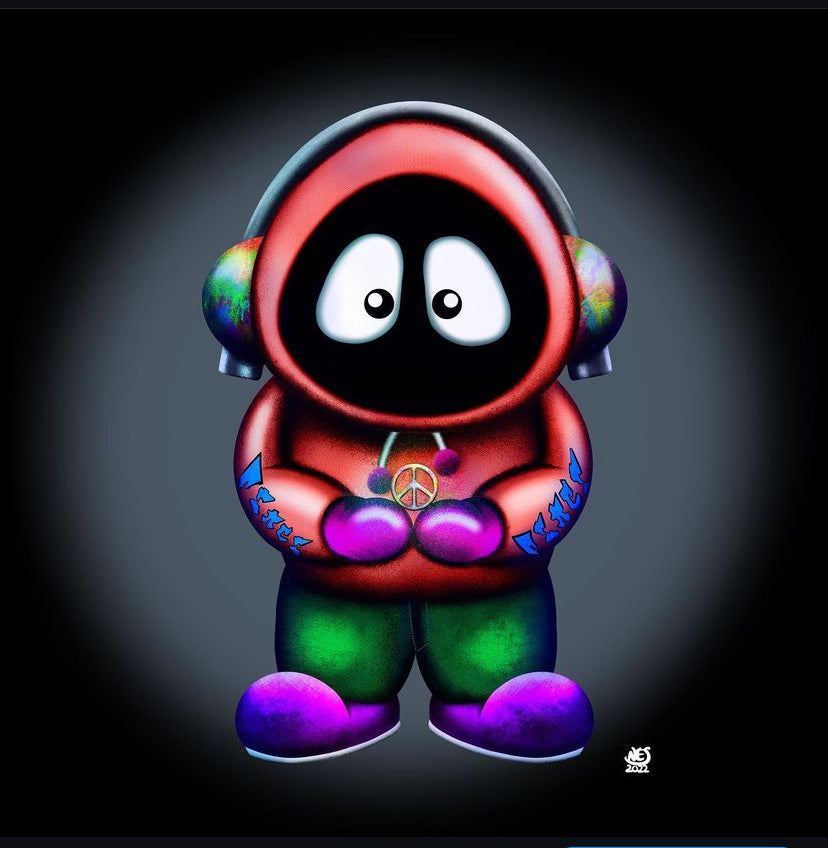 A colorful artwork of Hoodie Boy holding a peace symbol with a black background.