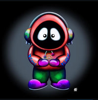 A colorful artwork of Hoodie Boy holding a peace symbol with a black background.