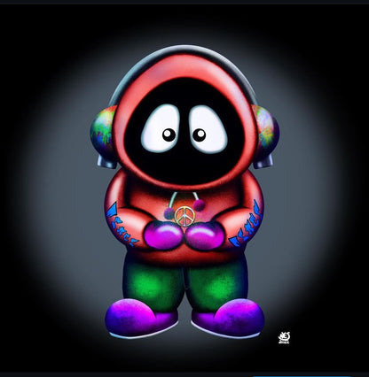 A colorful artwork of Hoodie Boy holding a peace symbol with a black background.