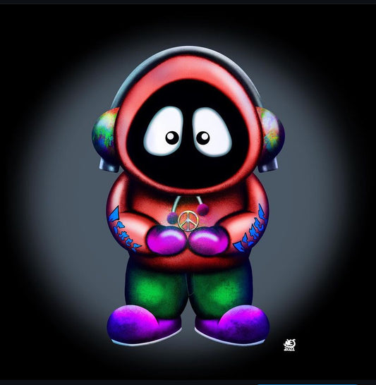 A colorful artwork of Hoodie Boy holding a peace symbol with a black background.