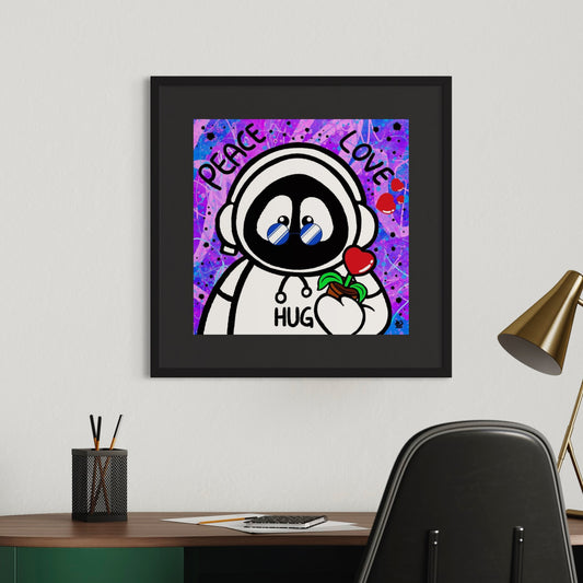 Framed colorful artwork of Hoodie Boy with a flower, surrounded by 'Peace Love Hug' text with a colorful background, on a wall above a desk.