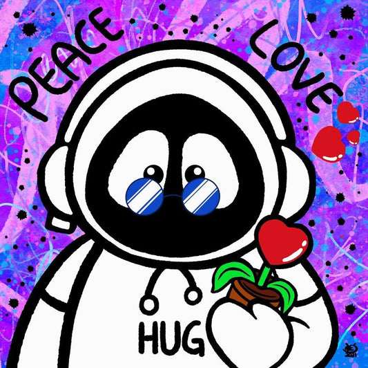 Colorful artwork of Hoodie Boy with a flower, surrounded by 'Peace Love Hug' text on a colorful background.