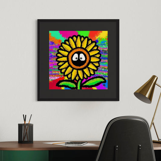 Colorful artwork with Hoodie Boy as a sunflower emanating 'Peace Not War' on a white wall above a desk.