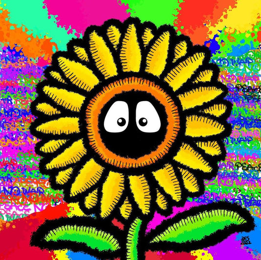 Colorful artwork with Hoodie Boy as a sunflower emanating 'Peace Not War'
