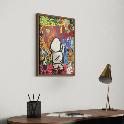 Colorful artwork of Hoodie Boy spray painting the word 'PILLS' with various characters and text on a wall above a desk with a lamp and stationery items.