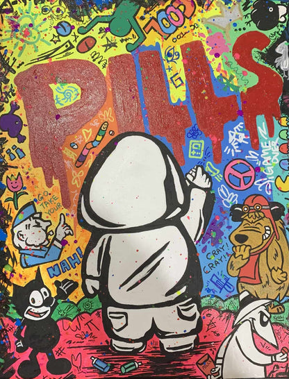 Colorful artwork of Hoodie Boy spray painting the word 'PILLS' with various characters and text.