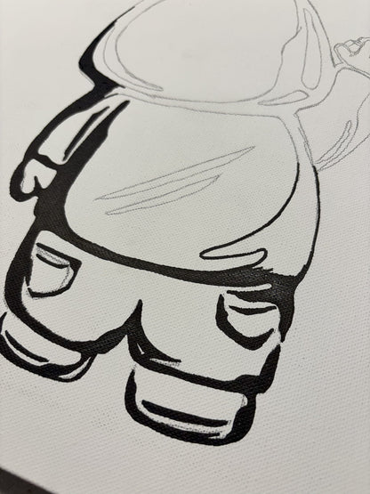 Black and white line drawing of a character wearing a hoodie on a light gray background