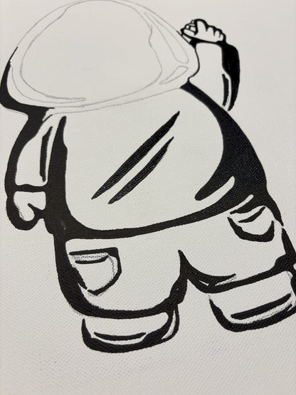 Black and white line drawing of a person wearing a cap and pants on a light gray background