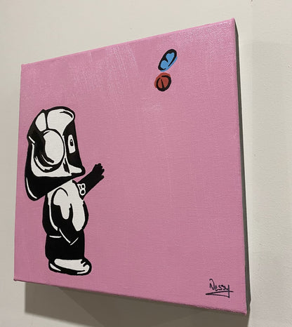 Painting of Hoodie Boy reaching for pills with a pink background.