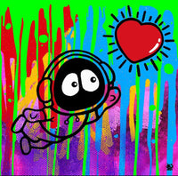 Colorful artwork with Hoodie Boy floating towards a shining heart with a colorful dripping background.