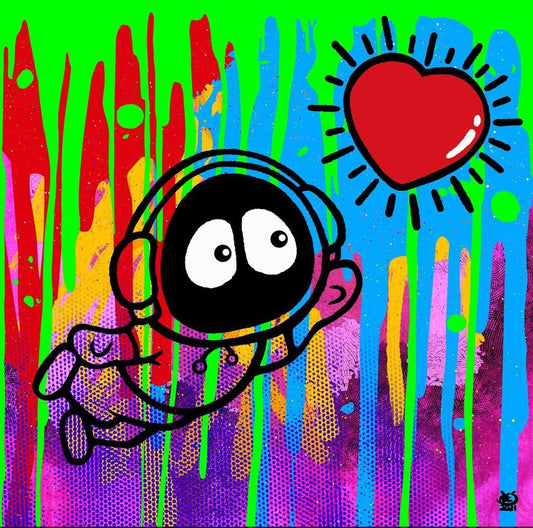 Colorful artwork with Hoodie Boy floating towards a shining heart with a colorful dripping background.