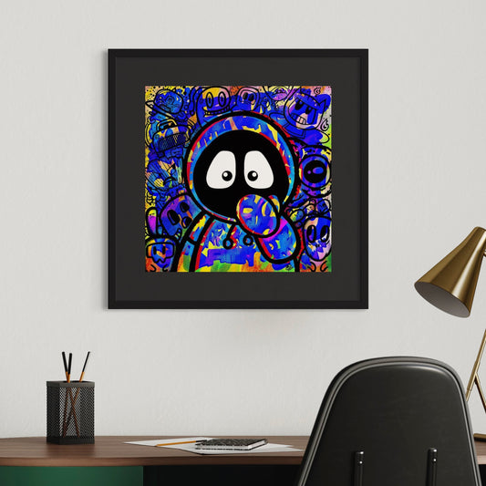 Framed colorful artwork of Hoodie Boy with his hand over his mouth and scary objects floating around him, on a wall above a desk.