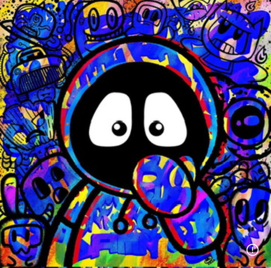 Colorful artwork of Hoodie Boy with his hand over his mouth and scary objects floating around him.