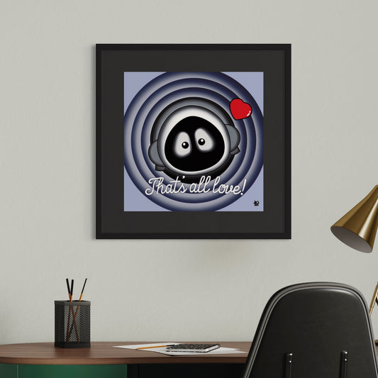 Framed artwork of Hoodie Boy mimicking the end of Bugs Bunny cartoons 'That's all folks!' on a wall above a desk.