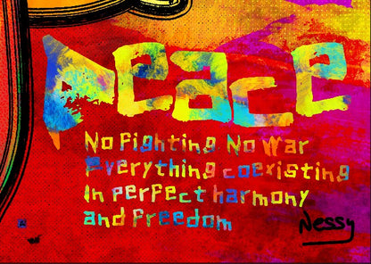 Colorful abstract painting with the word 'PEACE' and inspirational text on a red background.