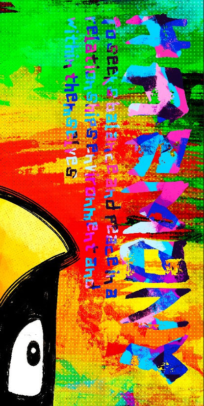 Colorful abstract artwork with text of HARMONY and geometric shapes on a multicolored background