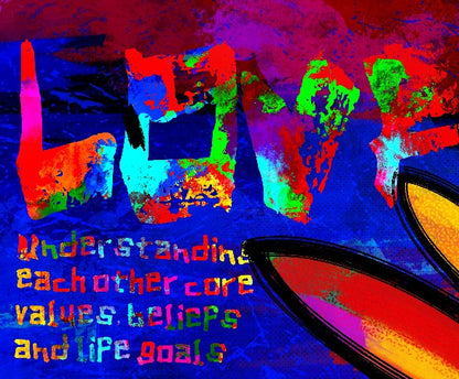 Colorful abstract design with text of LOVE on a blue background