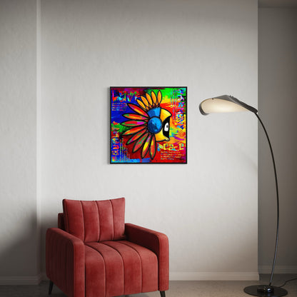 Colorful abstract artwork with Hoodie Boy in an Indian headdress and text on a wall above a red armchair with a floor lamp.