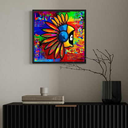 Colorful abstract artwork with Hoodie Boy in an Indian headdress and text on a wall above a black console table.