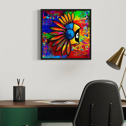 Colorful abstract artwork with Hoodie Boy in an Indian headdress and text on a wall above a desk with office supplies.