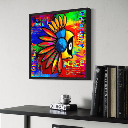 Colorful abstract artwork with Hoodie Boy in an Indian headdress and text on a wall above a shelf with books and a camera.